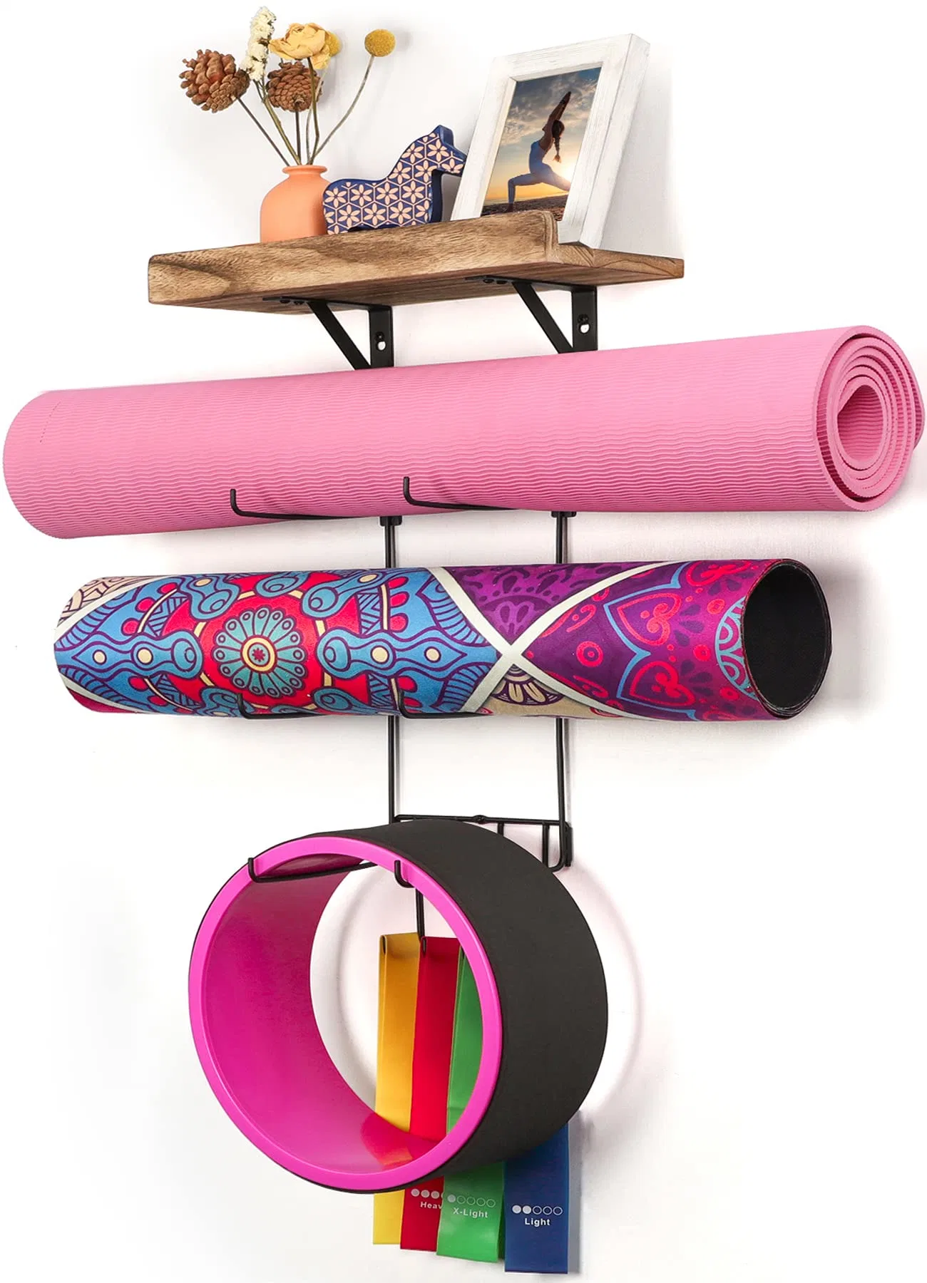 Yoga Mat Holder Wall Mount Yoga Mat Storage Home Gym Accessories with Wood Floating Shelves and 4 Hooks for Hanging Foam Roller and Resistance Bands at Fitness