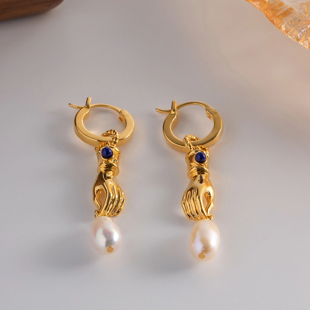 Retro 18K Gold Plated Brass Lapis Stone Hand Shape Freshwater Pearl Drop Earring Jewelry for Women