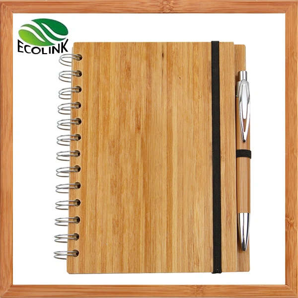 Office Supply Notebook Diary Wooden Bamboo Spiral Cover Notepad with Bamboo Pen for Student