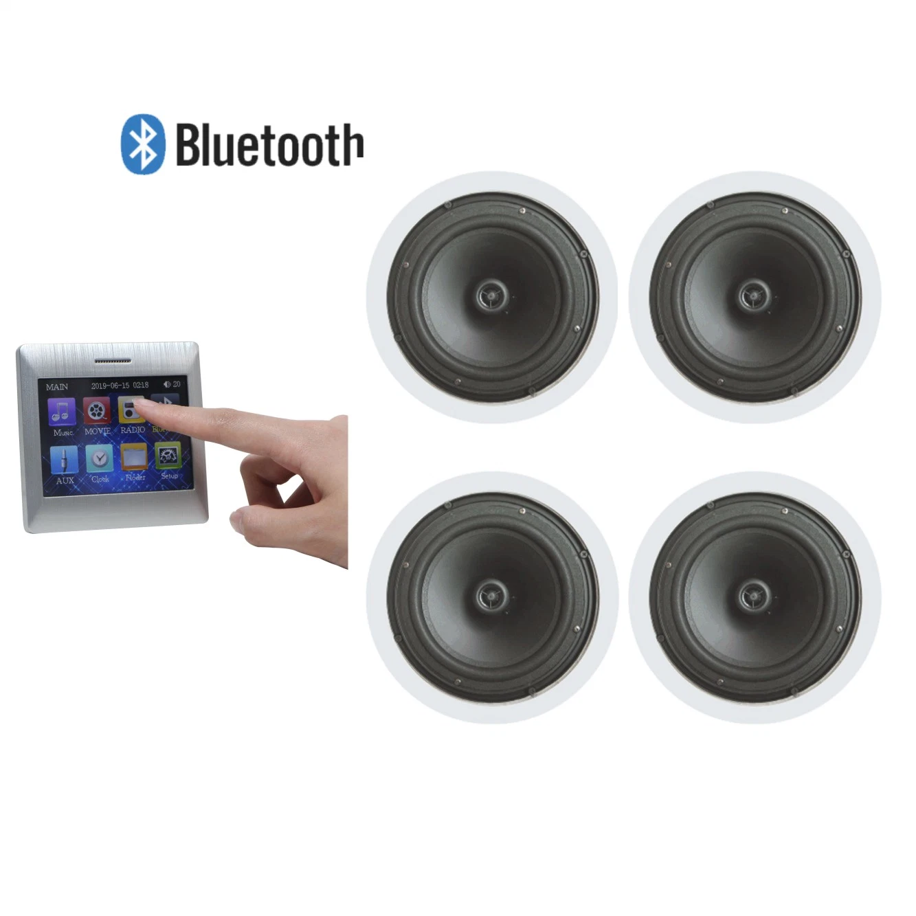 4 Channel 15W Touch Screen in Wall Audio Amplifier with Bluetooth, Wireless Remote Control and 4 Pieces of Coaxial Ceiling Speakers, Supports USB/SD/Aux/FM/Bt