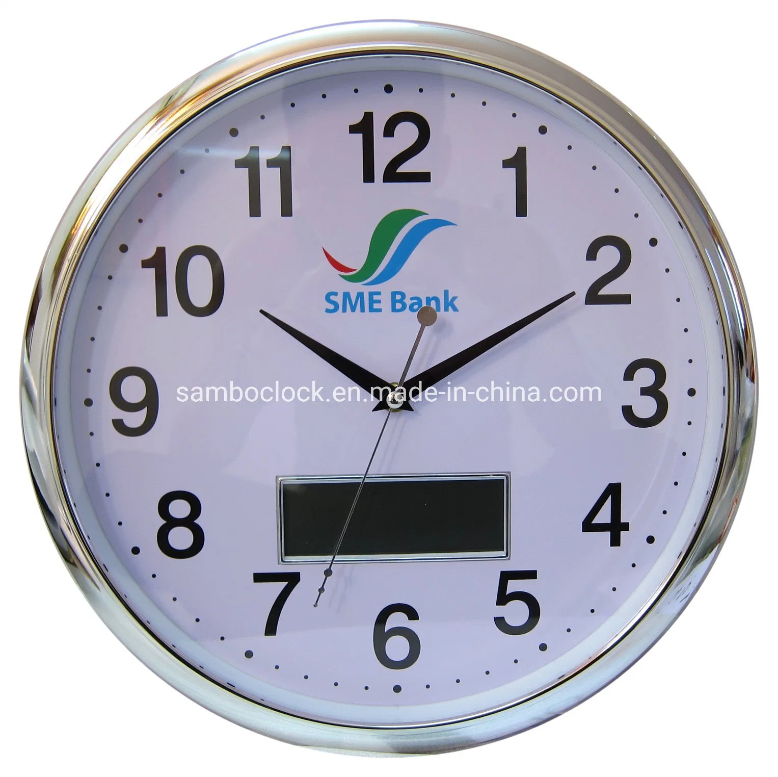 Silver Round LCD Wall Clock with Day and Date for Decoration