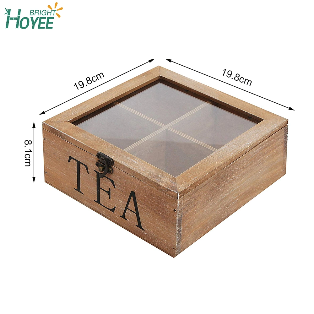 Caja de té de madera rústica barata con tapa transparente marrón