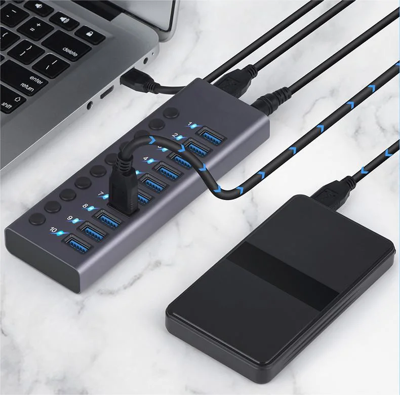 Multifunctional Charging USB 3.0 Hub with 10 Ports Hub and Independent Switch High Current USB Splitter