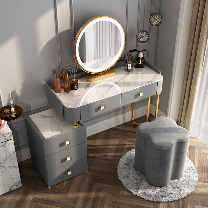 Modern Wood Vanity Home/Hotel Living Bedroom Furniture Makeup Dresser Nordic Dressing Table Set with Chair and LED Touch Screen Dimming Round Mirror