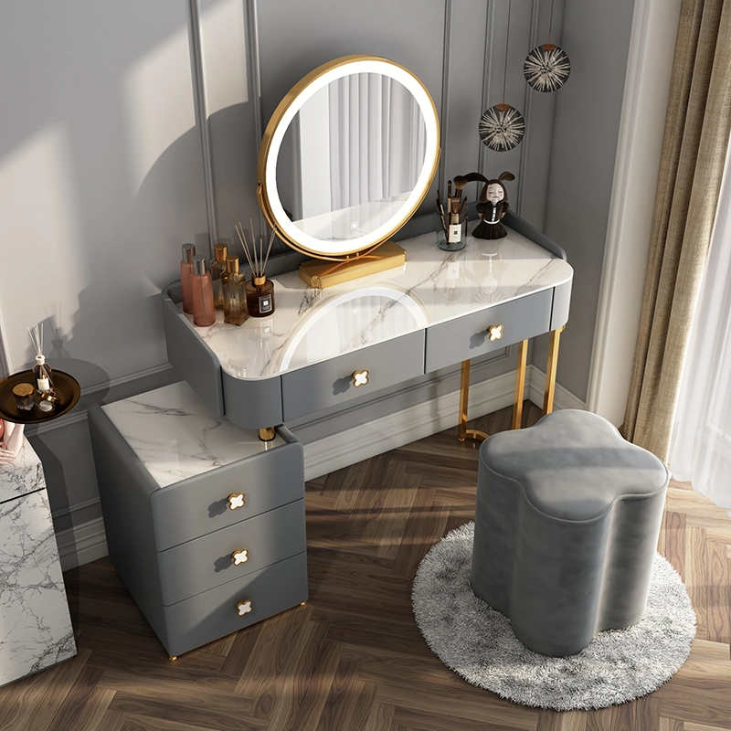 Meuble de chambre à coucher moderne en bois avec miroir rond à éclairage LED, coiffeuse nordique avec chaise et miroir tactile à intensité variable