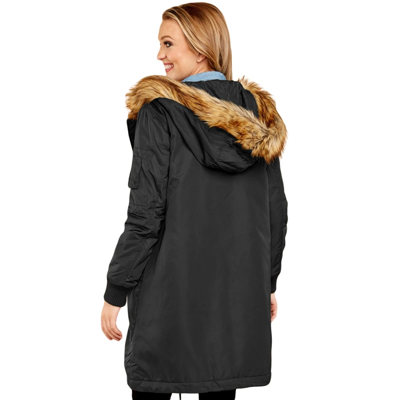 La mujer de piel cálido invierno de corte largo collar de abrigos chaquetas sudaderas con capucha Parka