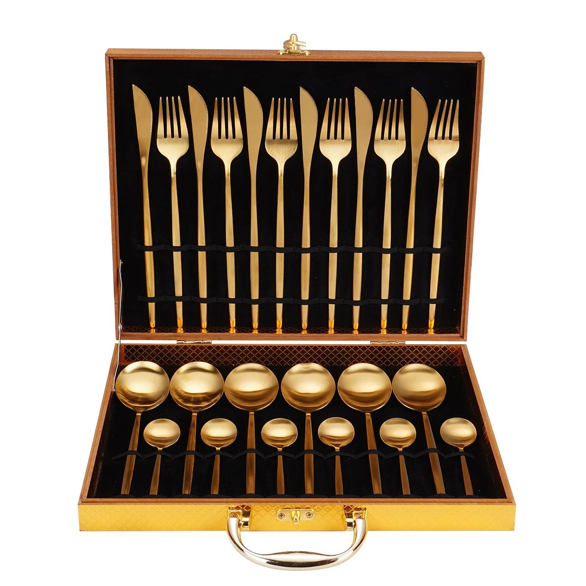 Wholesale Luxury Restaurant Wedding Knife Spoon Fork Gift 24PCS Matte Gold Stainless Steel Cutlery Set with Wooden Box
