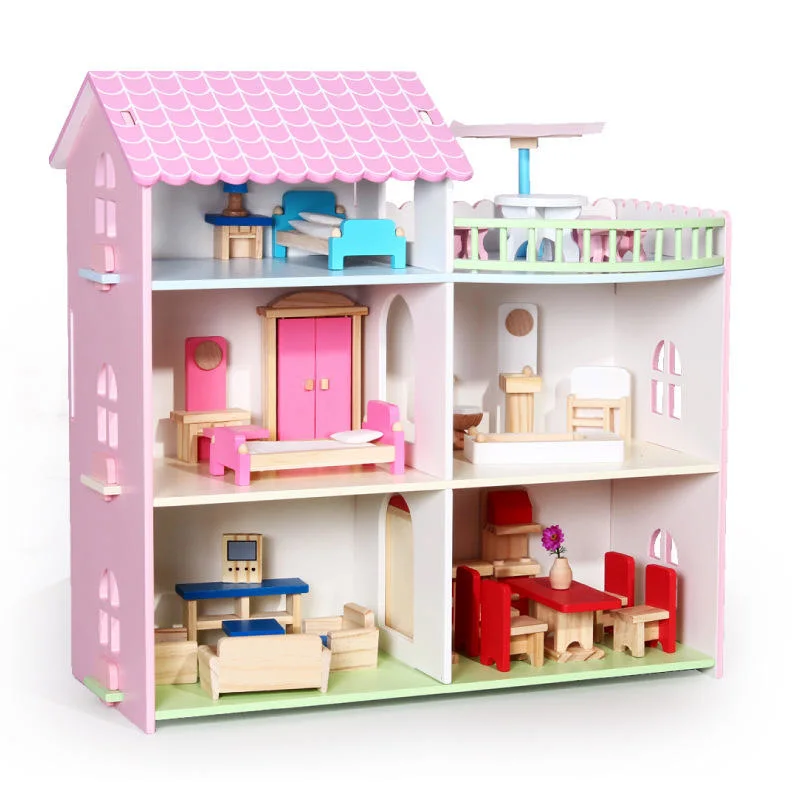 Wooden Doll House Play House Pink Wooden Toy House Boys and Girls Kindergarten Birthday Christmas Gifts Children's Toys