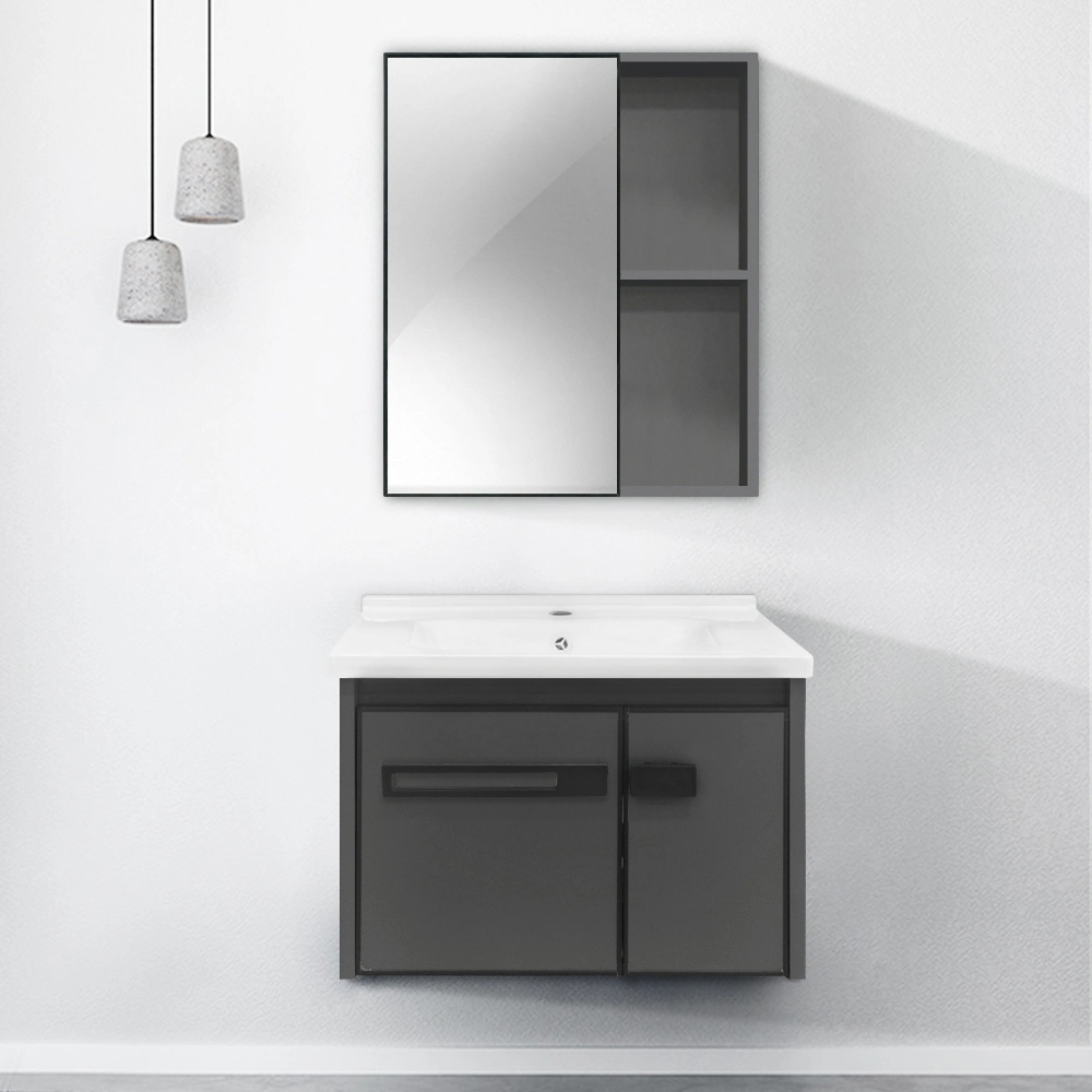 Aluminum Alloy Decorative Matte Black Wall Mounted Waterproof Bathroom Vanity Mirror Cabinet with Sink