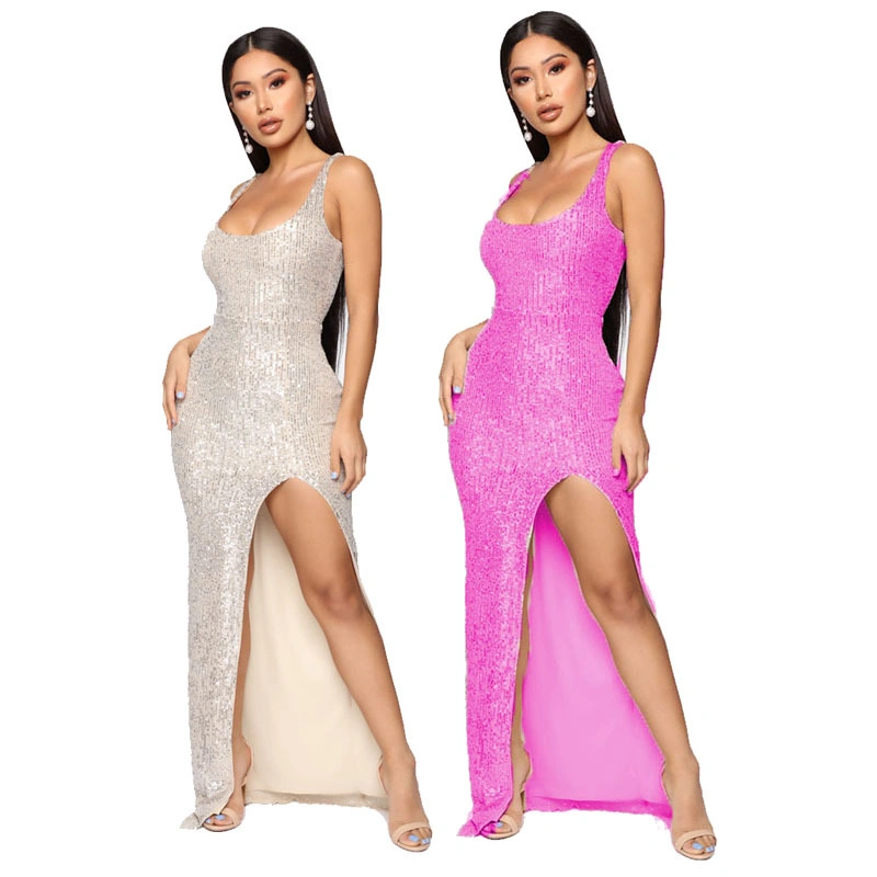 L8876 Glitter Camisole Slit Sexy Party Evening Dress Gown