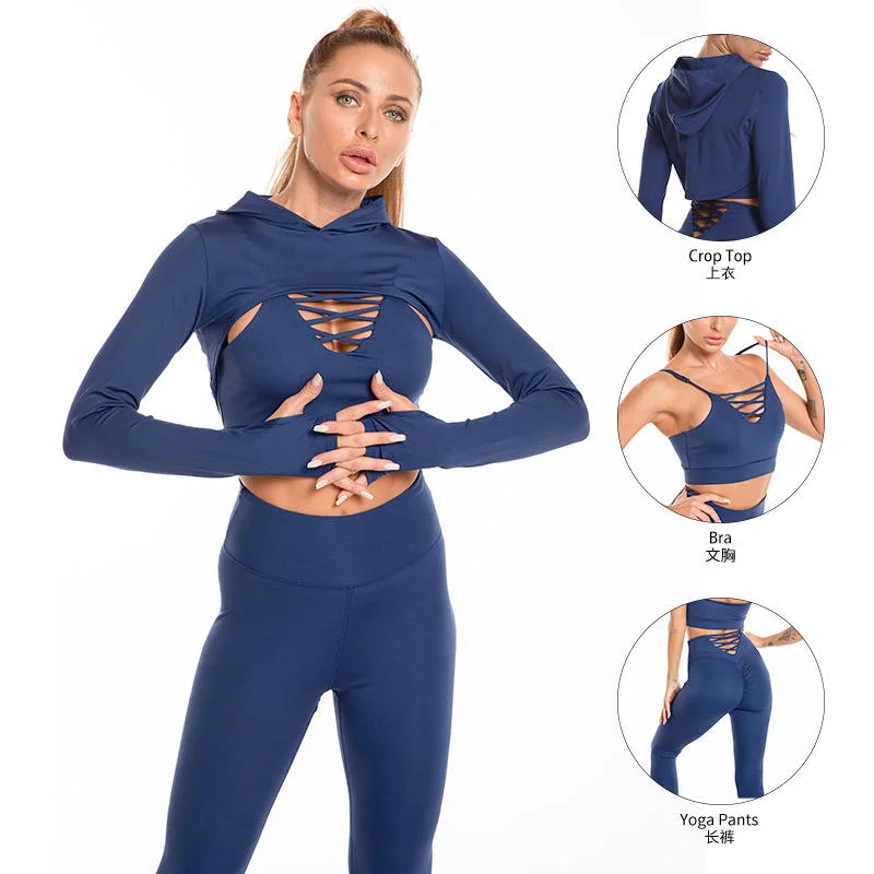 3 PCS Sports Fitness Seamless Yoga Sets Workout Top Long Sleeve with Hoodie Women Set