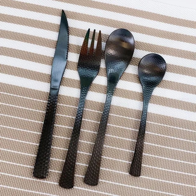 Custom Stainless Steel Hammered Black Cutlery Set with Knife, Fork and Spoon