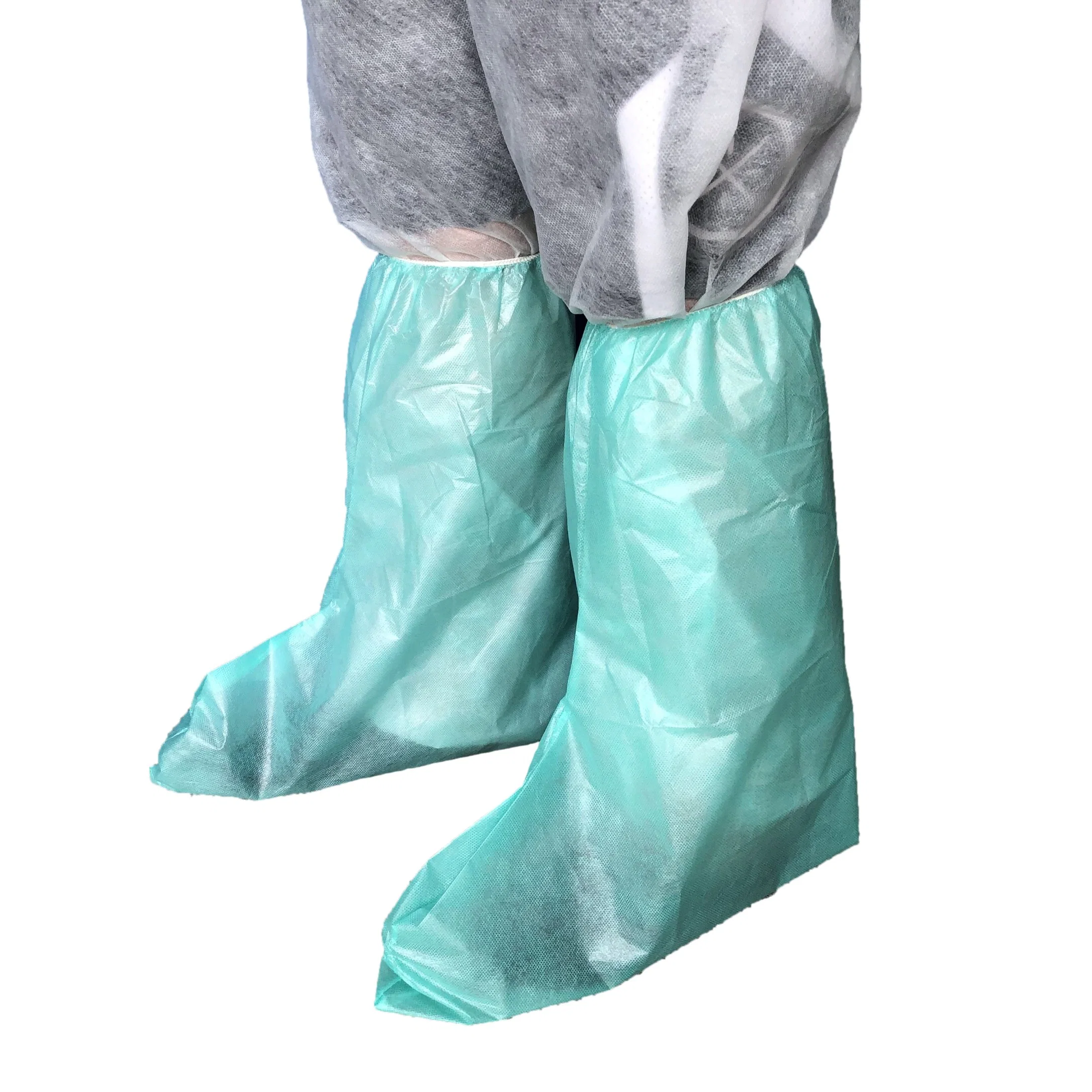 ISO13485 Disposable Nonwoven Pharmaceutical Surgical Medical Nonskid Waterproof Plastic Knee Length PP/PE PE Coated Boots Foot Strap Overshoes for Painting