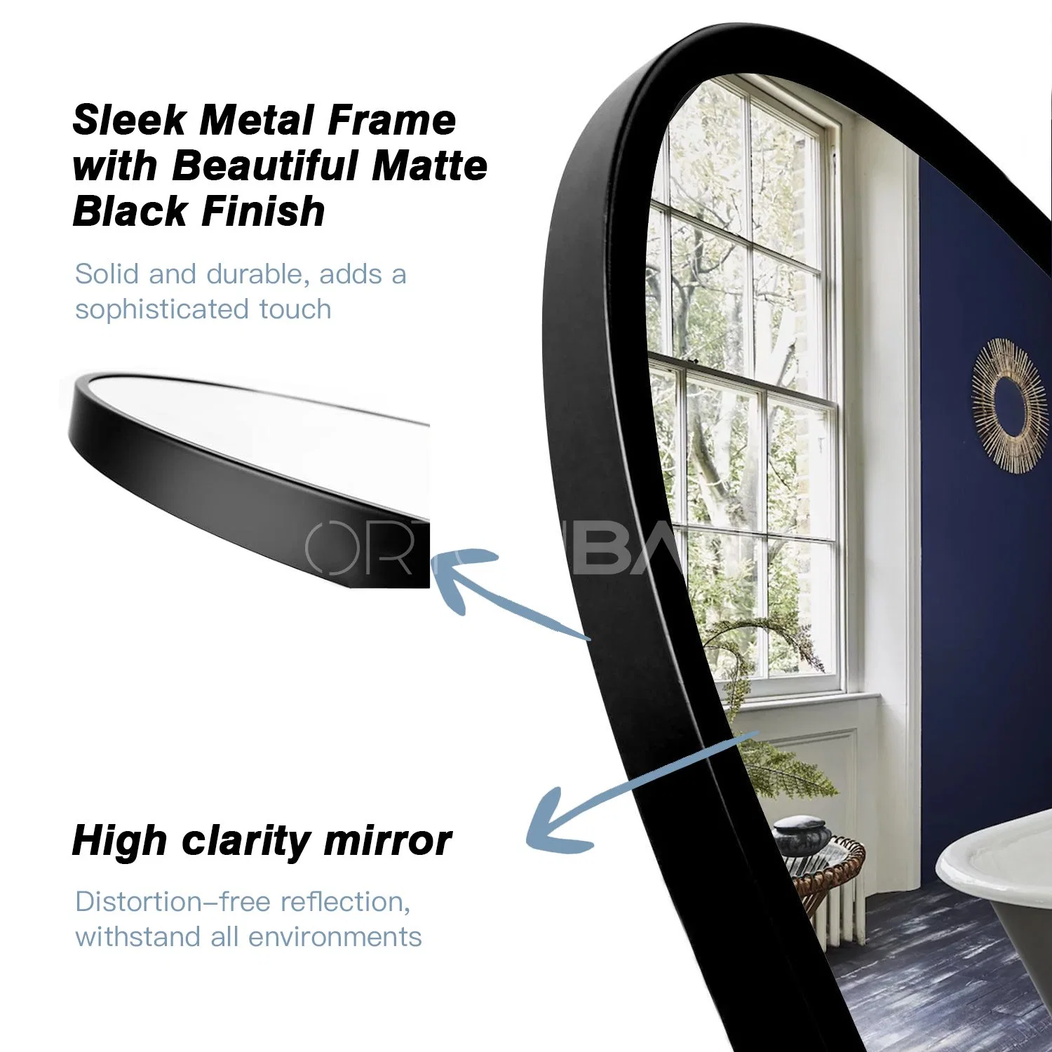 Ortonbath Modern Oval Wall Mounted Hanging Mirror for Bathroom with Brushed Black Metal Vanity Mirror for Bathroom Over Sink