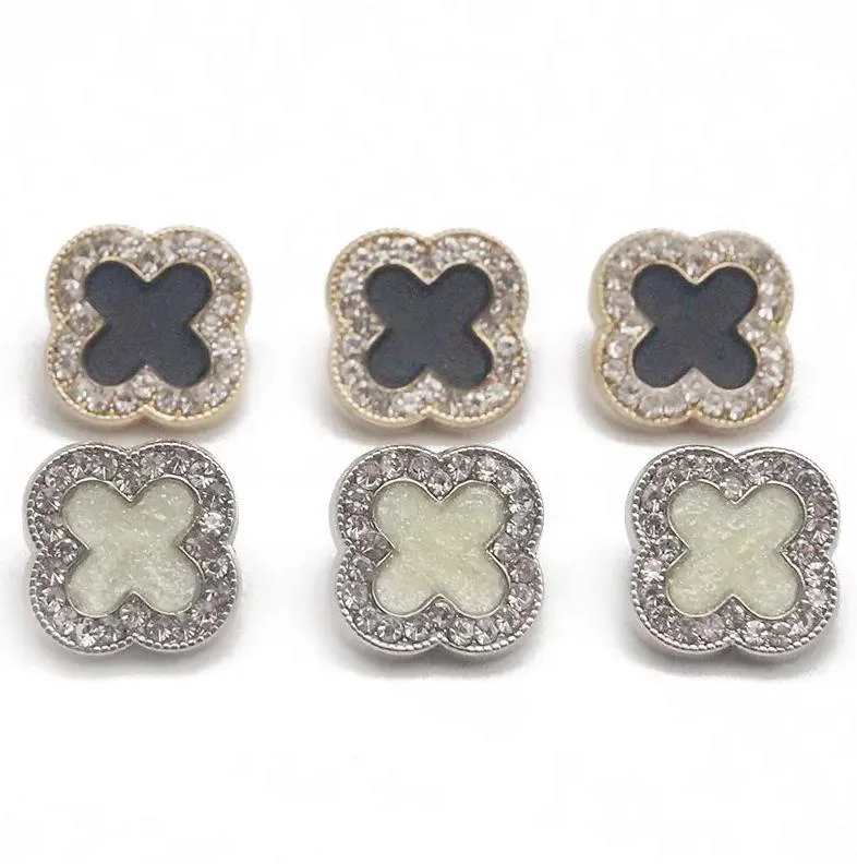 Four Leaf Clover Flower Metal Black Enamel Gold Nickel Plating Crystal Shank Button for Clothing