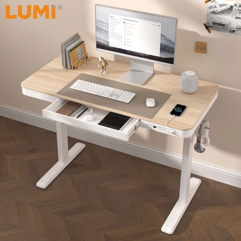 Siège de jeu à hauteur réglable et levage ergonomique électrique à moteur unique intelligent Bureau avec tiroir et ports USB pour ordinateur portable de bureau Ordinateur monter et descendre en position relevée