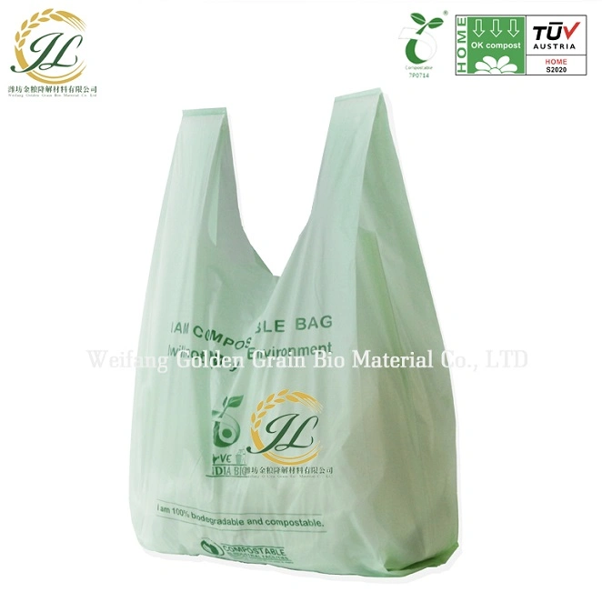 . China biodegradable y compostable Compostable bolsas de fécula de maíz Bolsa de compras Camiseta bolsas de transporte de alimentos