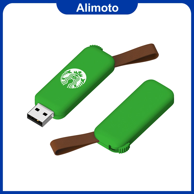 High Speed Plastic Green USB Flash Drive with Leather Chain