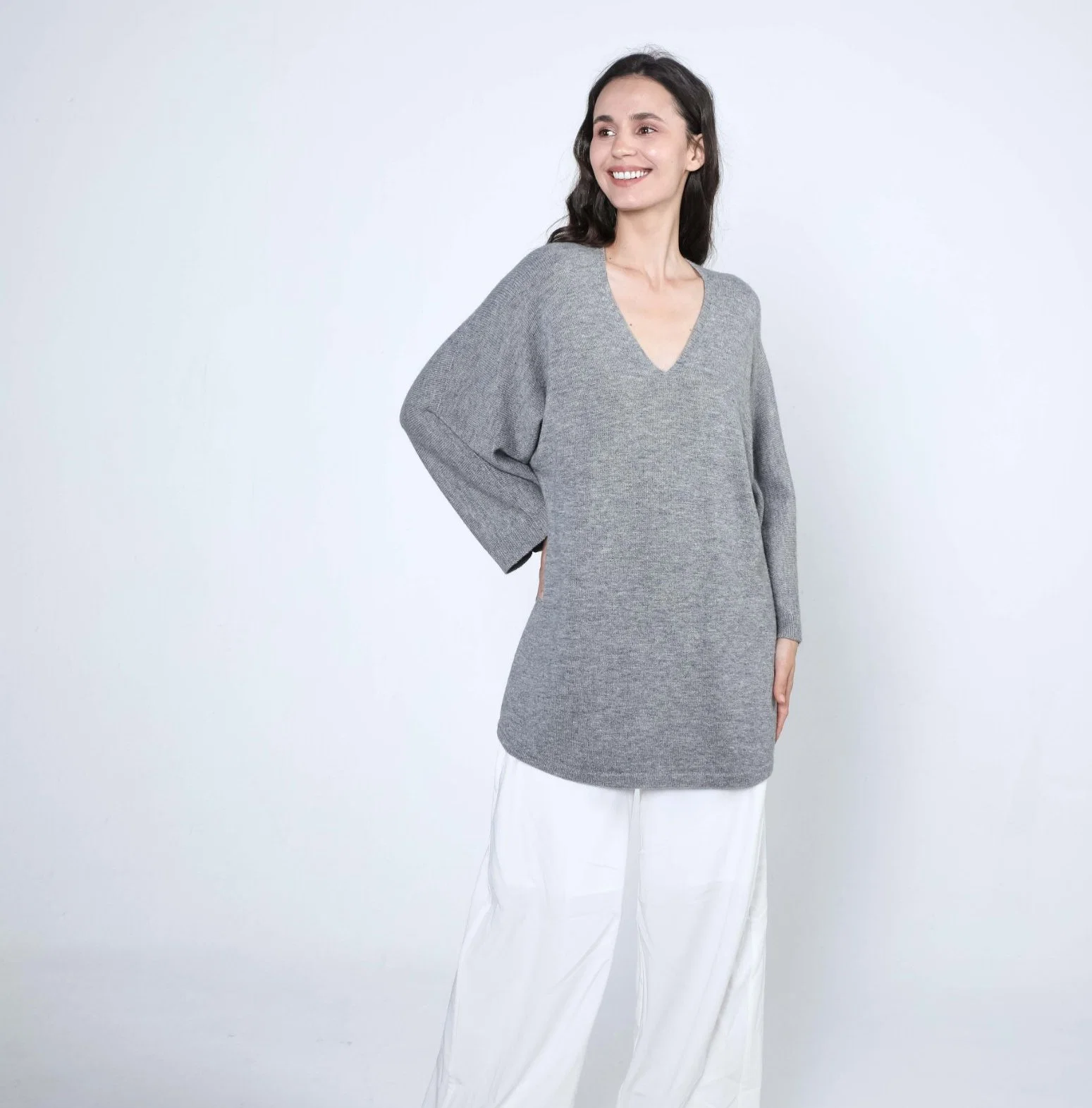 Ladies Fashion Ultrafine Merino Wool V-Neck Dress Sweater