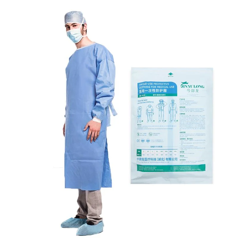 China Factory CE Level 2 SMS Material Blue Disposable Doctor Clinic 45g Elastic Cuffs Medical Gown