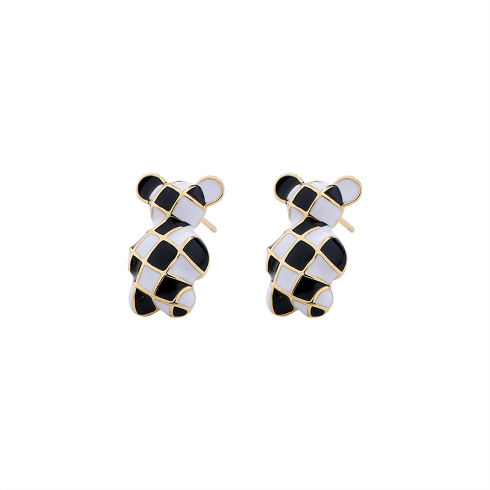 High quality/High cost performance  925 Sterling Silver Gold Plated Animal Cartoon Series Gummy Black and White Pink Stripes Zebra Teddy Bear Earrings