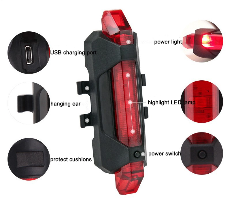 Ipx-4 Waterproof 15 Lumen USB Rechargeable Bike Rear Light with 4 Mode