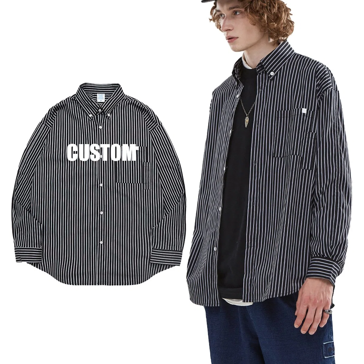 Wholesale/Supplier High quality/High cost performance  65%Cotton 35%Chinlon Japanese Silhouette Spliced Striped Long Sleeve Outdoor Shirt for Men