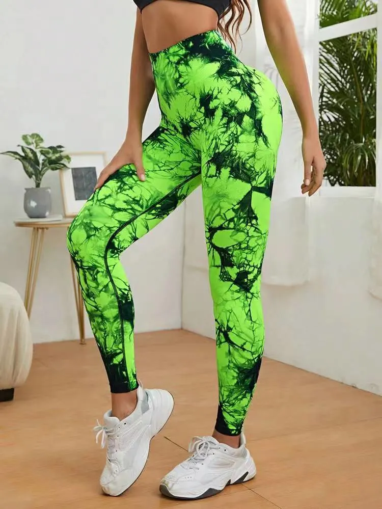 Frauen Hohe Taille Bunte Turnhalle Sport Yoga Leggings Fitness Nahtlose Marmor Push-up Krawatte Dye Doppel Streifen Scrunch Back Fashion Yoga-Hose