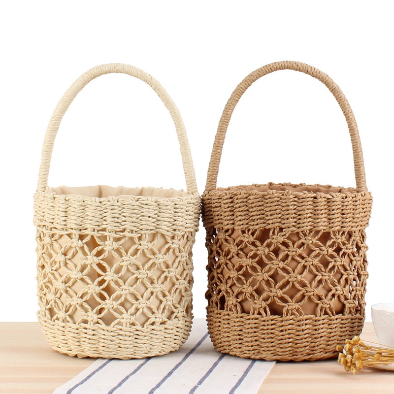 Hand Bucket Woven Bag Hand-Carried Hollow Straw Woven Bag Ins Summer Vacation Photo Beach Bag