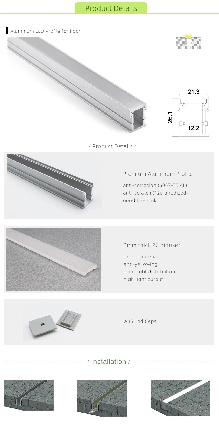 2m empotrable de suelo para tiras de perfiles de aluminio mate, difusor, para un máximo de 12mm de ancho de Gaza, 26,1mm de profundidad