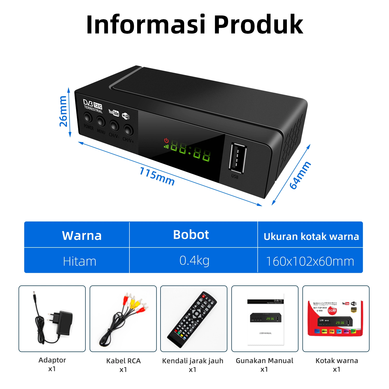 Receptor de TV DVB T2 Full HD compatível com TV MPEG4 MP3 Caixa de TV Digital para a Indonésia