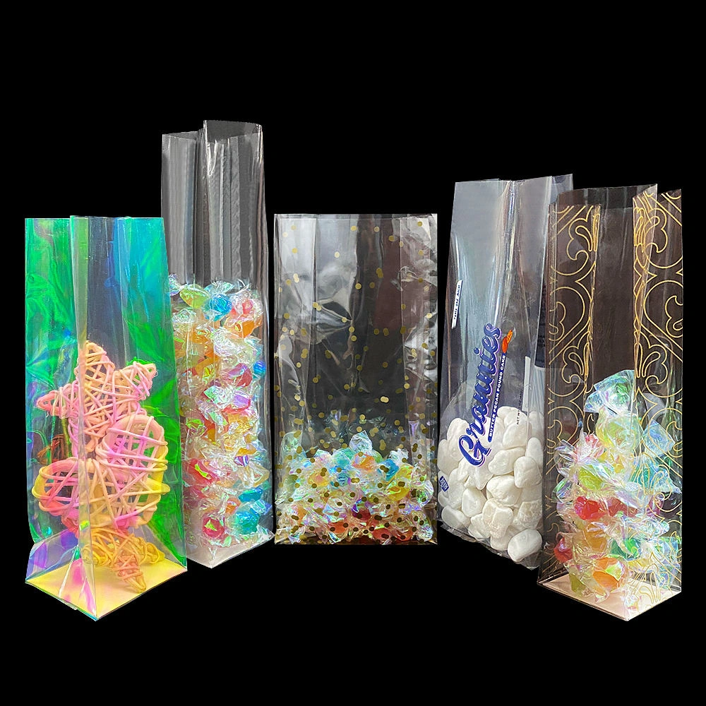 Christmas Biodegradable Custom Cellophane Bags Round Gusset Transparent OPP Plastic Square Flat Bottom Cookies Candy Chocolate Bag Popular