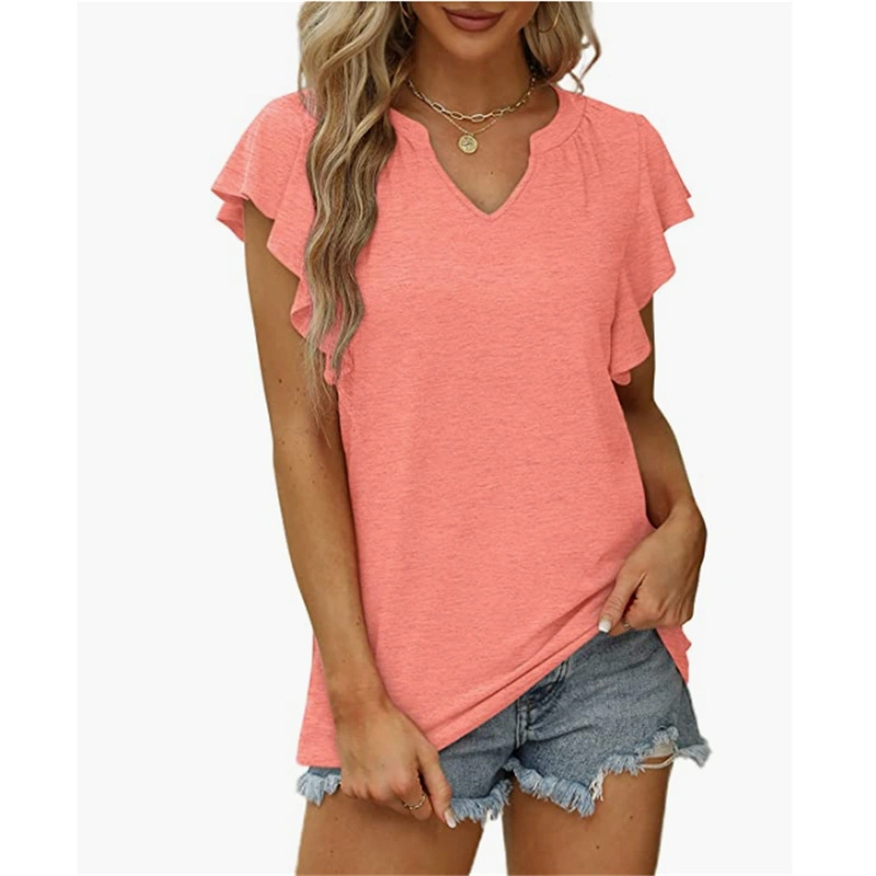 SS mujeres Nueva Moda Amazon mangas con volantes V-cuello de manga corta holgada Ropa de camiseta superior