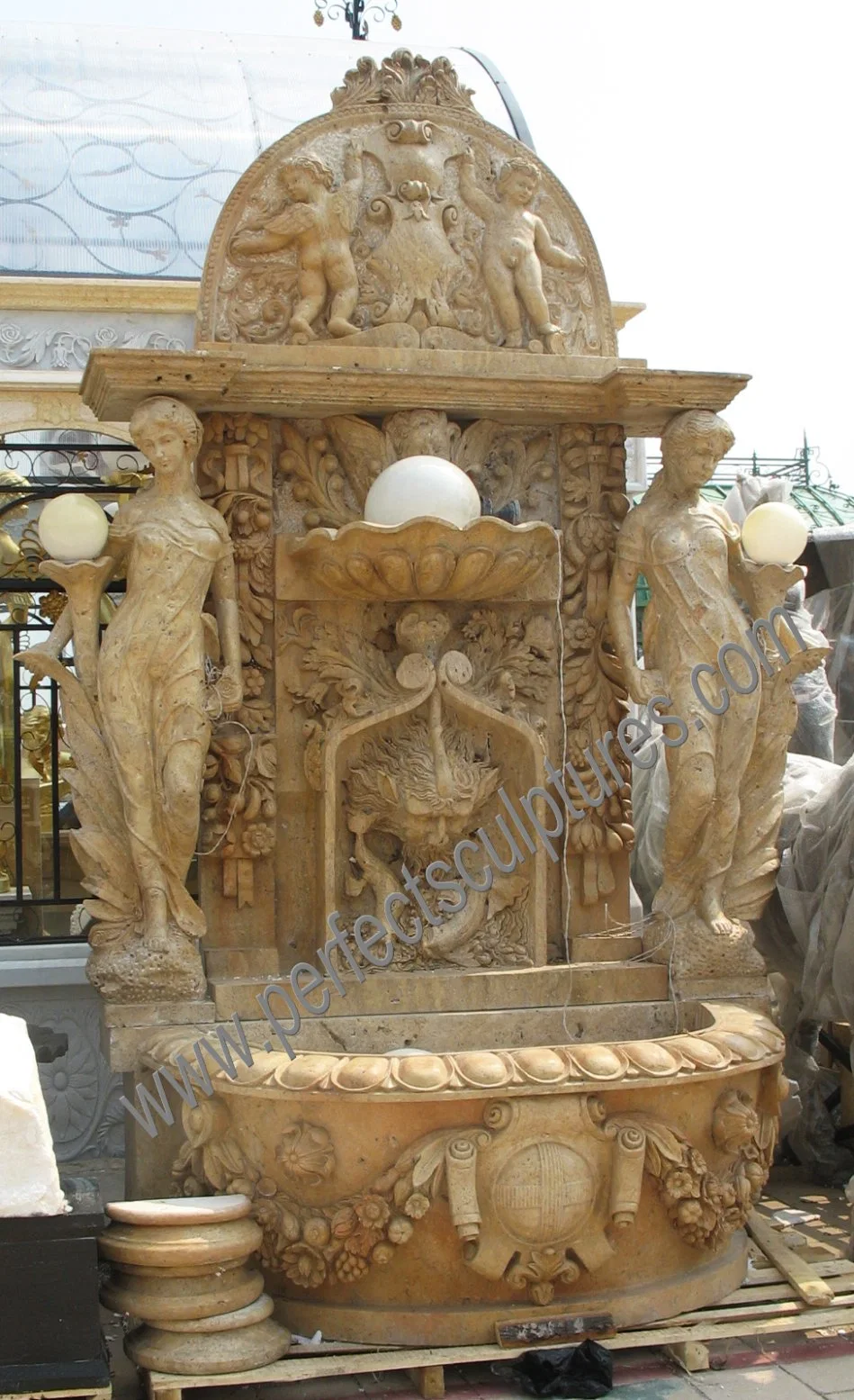 Public Garden Stone Marble Wall Water Fountain with Lady Statue (SY-W222)