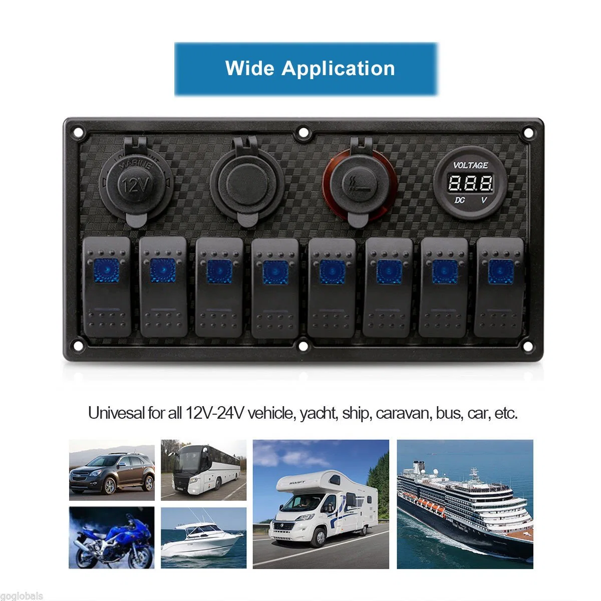 8 piste voiture Ar étanche Marine Marine étanche interrupteur à bascule de bateau à 5 broches +fusible du panneau double USB Slot LED lumière++ disjoncteur de prise de courant voltmètre