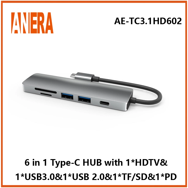 Haute performance 6 en 1 USB C Portable Type C Hub Adaptateur avec USB3.0/2.0 Hub SD/TF 2.0 Lecteur de carte Pd Charging et HDMI.