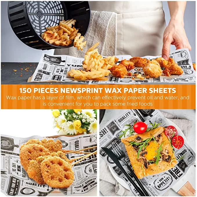 150 Pieces Newsprint Wax Paper Sheets Newspaper Theme Food Wrap Paper Grease Resistant Tray Liners Waterproof Wrapping Tissue Food Picnic Paper for Home Kitchen