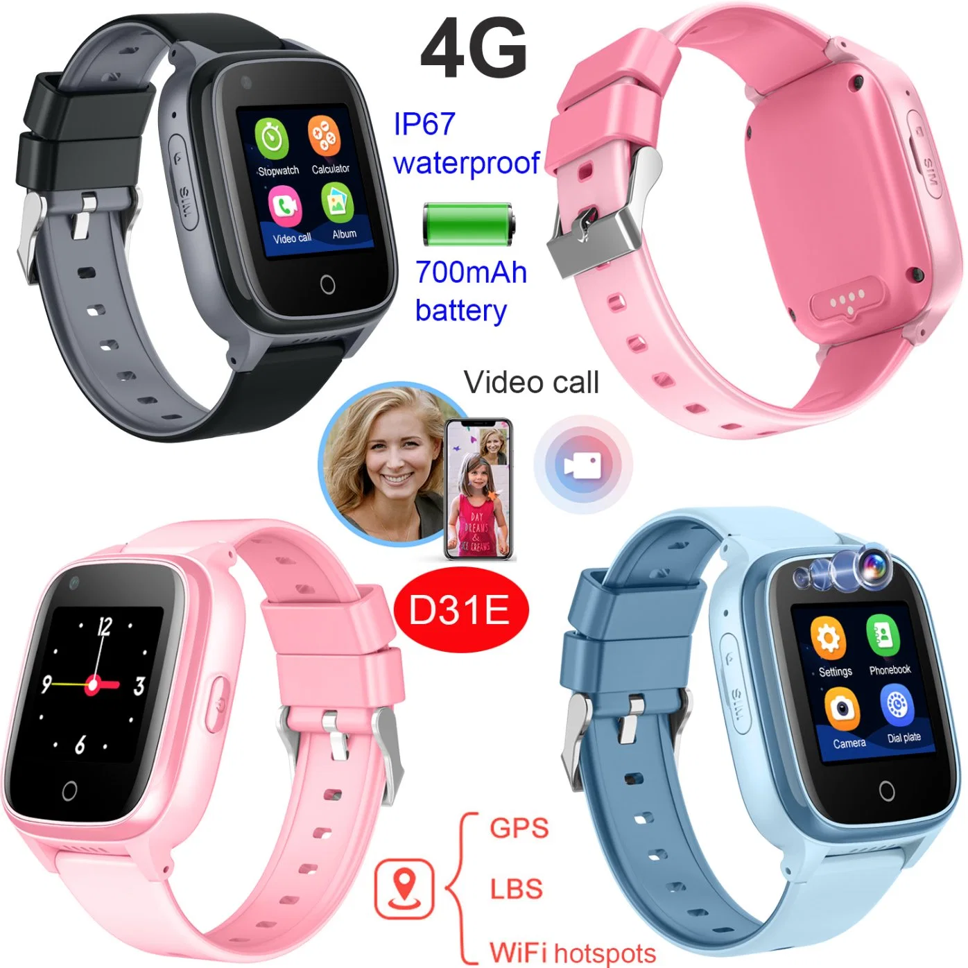 Montre GPS pour enfants étanche avec bouton SOS pour appels vidéo 4G et aide en cas d'urgence D31E.