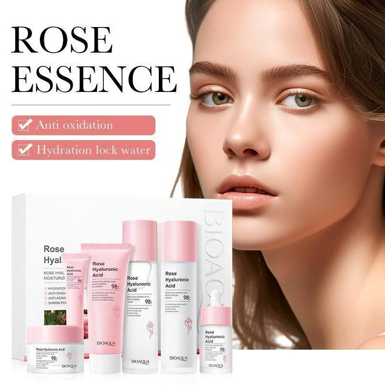 Hyaluronic Acid Skin Care Gift Set Rose Skin Care 6-Piece Set Facial Cleanser Toner Face Cream Serum Lotion Eye Cream