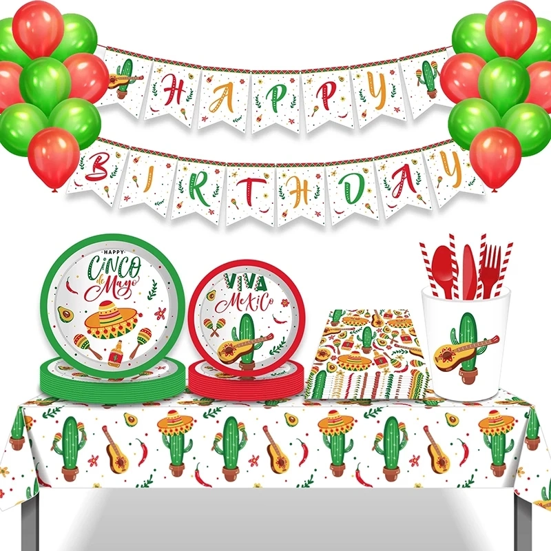 Mexico Fiesta Cactus Taco Balloon Cartoon Theme Party Disposable Tableware Paper Plates Cup Mexican Party Favors Decor Supplies