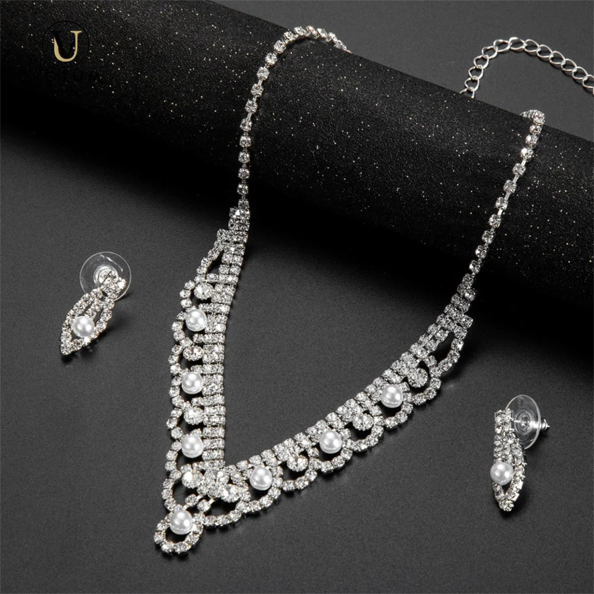 Votum OEM S925 Plata chapado en oro Moissanita diamantes Pearl Dangle Pendiente Collar Joyería conjunto Boda Fiesta Joyería