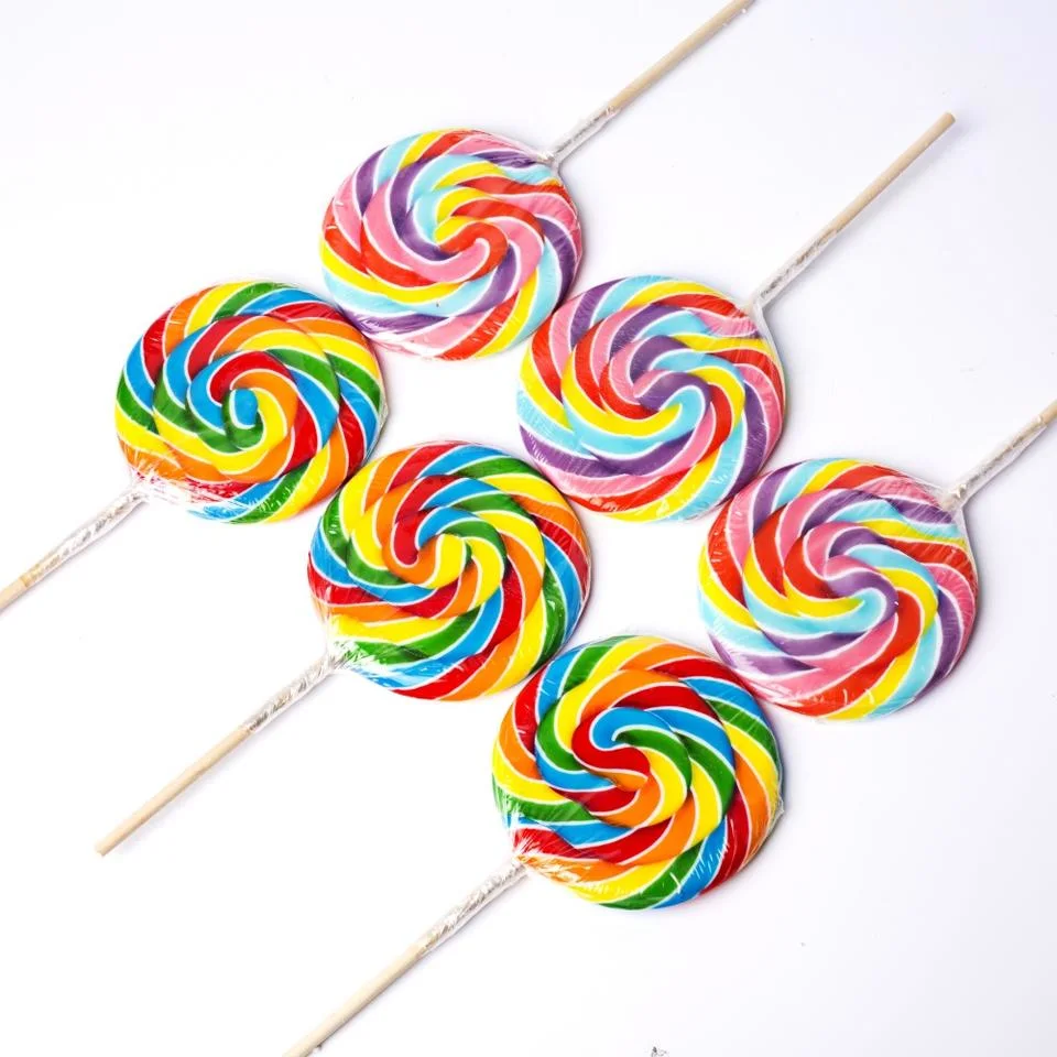 hecho personalizado fábrica 85g Lollipops plana redonda llena la bandeja en la pantalla