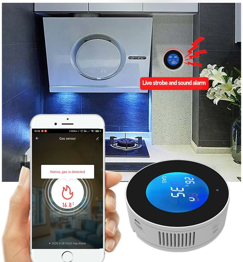 LCD-Display Tuya WiFi APP Steuerung Überwachung Zuhause Intelligente Sicherheit Alarm für LPG-Lecksensor-Brandgasermelder