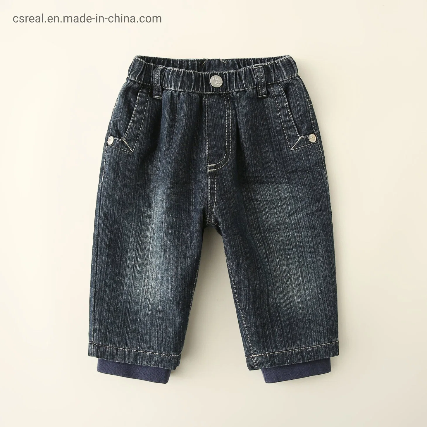 Boy Kids Denim Color Pant Clothes Made of Elastic Waistband and Metal Snap at Pocket with Rib for Hem