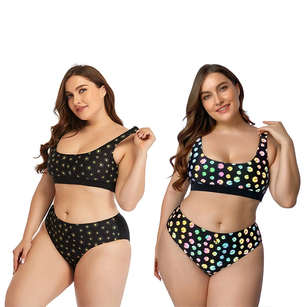 Shinny Printing Plus Size Swimwear for Women, Sports Racer Top and Panty Two Piece Bikini Set