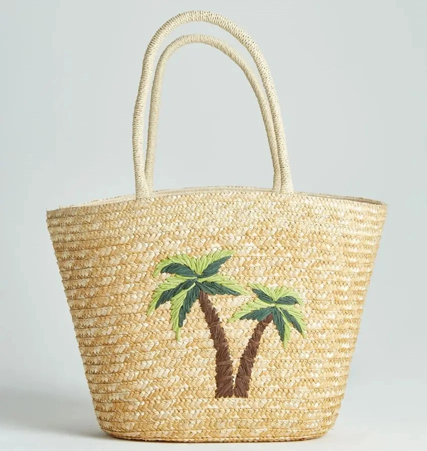 Custom New Design Summer Handmade Cheap Coconut Tree Embroidery Straw Bag Straw Beach Tote