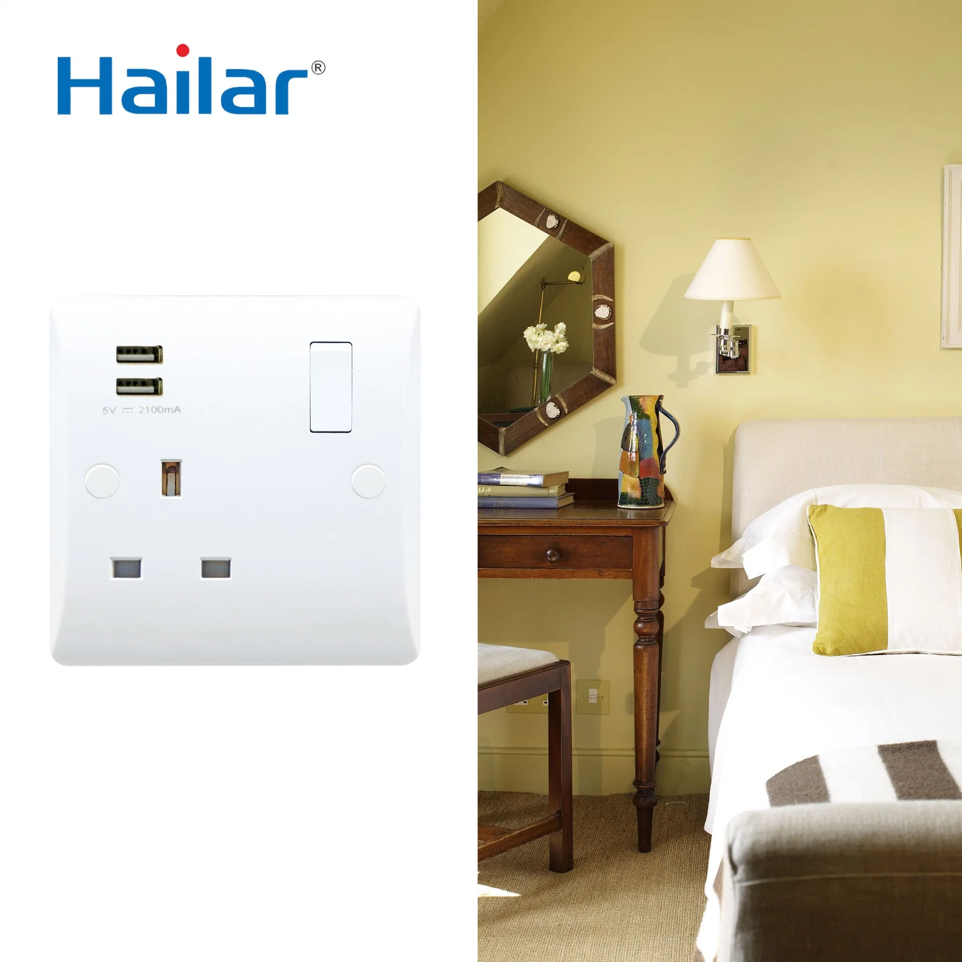 مقبس محول Hailar UK Standard White 1gang Switch مع USB