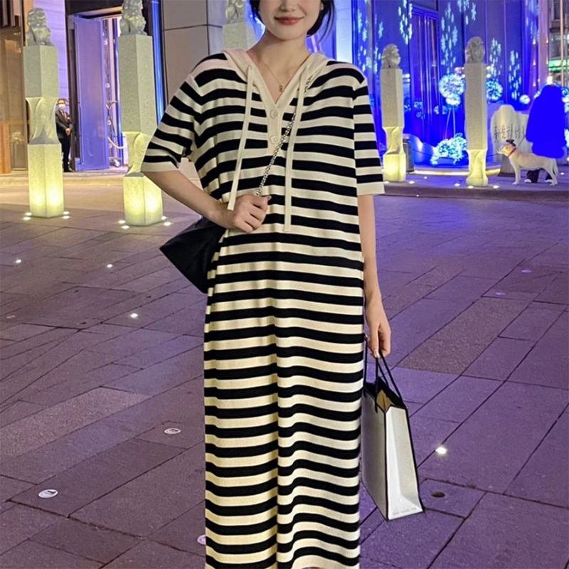 2023 Spring and Summer Korean Version of Dress Female Hooded Short Sleeve Loose and Thin Striped Knitted Skirt Straight Sweater Long Skirt Female