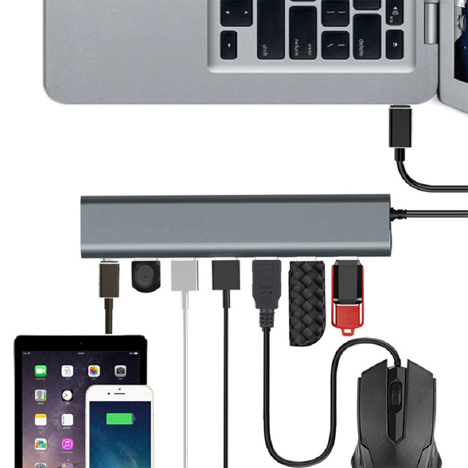 Hub USB-C USB 3.0 de 7 portas de alumínio tipo C a portas Transformador