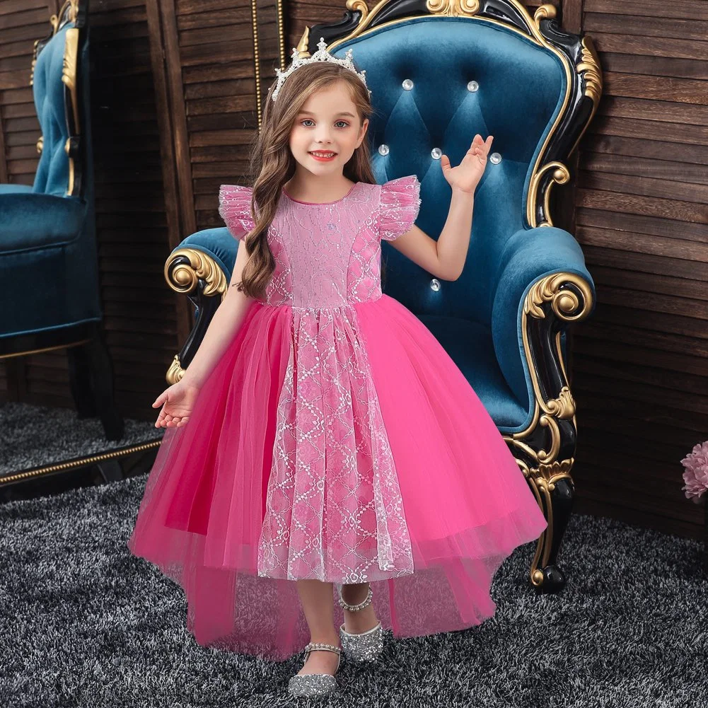 Estilo occidental largo encaje chica vestir de boda Rosa suave Banquete niños Princesa vestir elegante niños Prom Dresses para 3-12y